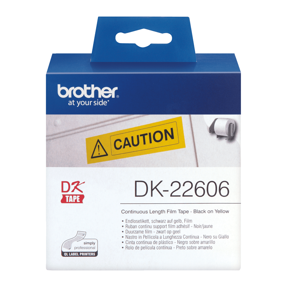 Wysokiej jakości foliowa taśma DK-22606 firmy Brother na rolce – czarny nadruk na żółtym tle, 62mm. 2
